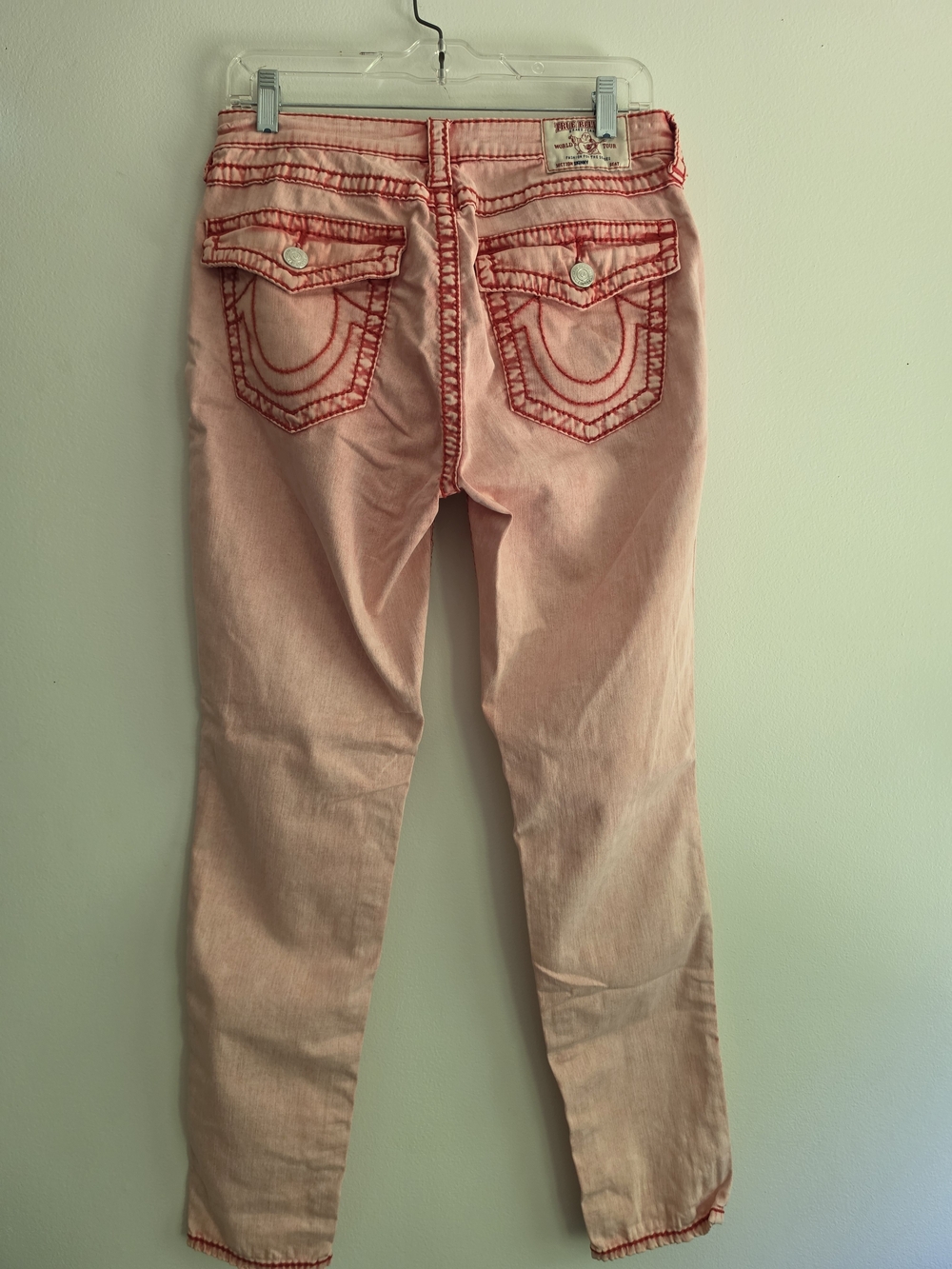 True Religion Big T Skinny Jeans Red Pink Acid Wash Contrast Stitch 31 Stretch - Picture 10 of 12